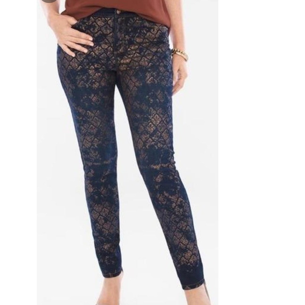 Chicos Platinum Jegging Metallic Gold Foil Mermaid Diamond Denim Jeans 2 00